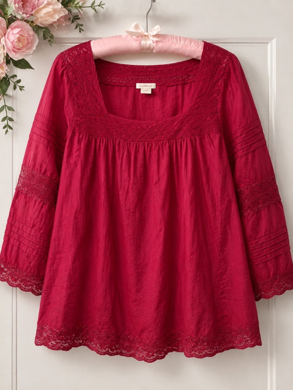 Sundance XL 100% Silk Red Lace Trim Boho Peasant Blouse 3/4 Sleeve